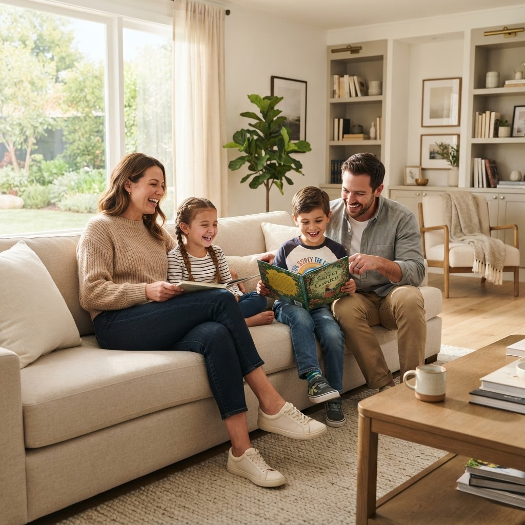 A happy family relaxing in a comfortable, pest-free Pittsburgh home